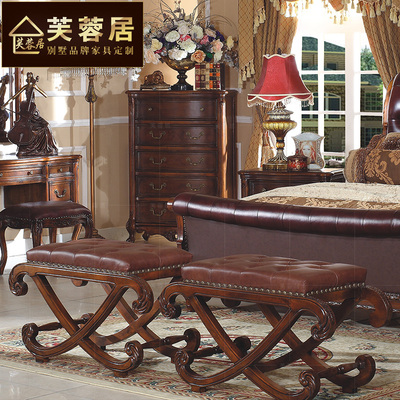 芙蓉居 美式真皮实木床尾凳欧式复古换鞋凳床头凳卧室矮凳化妆凳