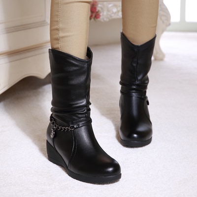 2015冬季新款正品女短靴圆头中筒皮靴欧美时尚马丁靴平底坡跟女靴