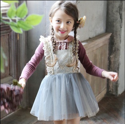 韩国童装2016秋新款儿女童套装长袖T恤网纱公主背心裙两件套淑女