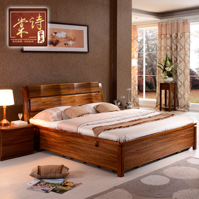 棠诗现代中式实木床1.5米1.8米双人大床简约储物床高箱床胡桃木床
