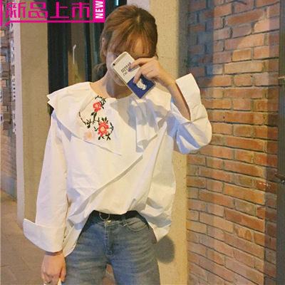 【Miss fox】韩国春夏新款复古刺绣花朵荷叶领宽松衬衫长袖衬衫