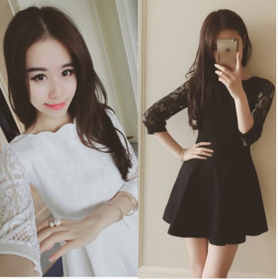 2016春季新款韩版女装连衣裙 修身显瘦蕾丝拼接五分袖蕾丝连衣裙