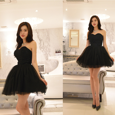 韩版 晚宴礼服短款晚装蕾丝钉珠 聚会表演新款年会礼服蓬蓬裙包邮