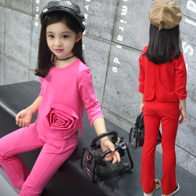 童装2016童装女童秋季套装韩版立体花朵两件套中大女童时尚套装