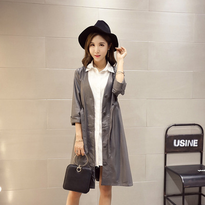 2016秋装新款韩版中长款外套女+衬衫裙PU皮风衣两件套套装