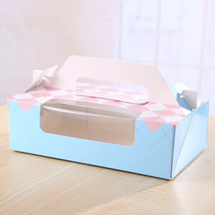 纯蓝色手提开窗6粒蛋黄酥 雪媚娘盒 西点蛋糕包装纸盒
