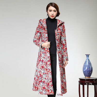 裙舞梦2015冬季新款原创中式亚麻棉大衣棉服中国风长棉袄女红花