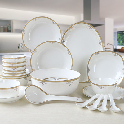 敏杨骨瓷金浮雕30头餐具 中西式餐具 碗盘套装 碗碟套装 盘子碟子