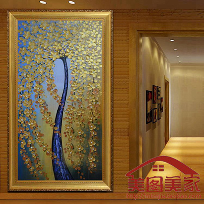 发财树油画欧式风景抽象手绘定制挂画 走廊玄关客厅装饰画竖版