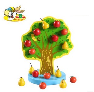 幼得乐儿童益智木制玩具 幼儿早教快乐果园 水果串串树磁性苹果树