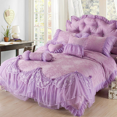 婚庆大红紫四件套床品韩式公主风蕾丝床裙四六八件套纯棉床上用品