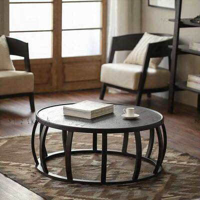 新品美式复古铁艺做旧客厅茶几沙发几边几圆形桌实木面黑色茶几