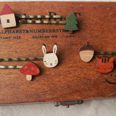 【木头果子】木头手绘童话森系兔子蘑菇*房子松树*松鼠榛子*发夹