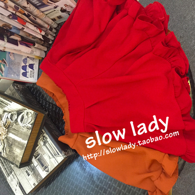 Slow Lady日系杂志款木耳边松紧高腰蓬蓬雪纺短裤裙裤女 夏装新款