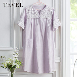 Tevel/堂皇家纺新款全棉清新浴裙睡衣梦中的依云蕾丝裙紫色