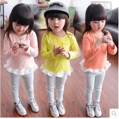女童2015秋装新款t恤韩版宝宝儿童 童装木耳边长袖棉质打底衫上衣