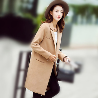 2016年韩版新款秋冬长袖薄毛呢外套修身显瘦中长款简约百搭大衣