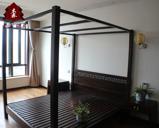 全实木架子床 上海定制现代中式四柱子婚床 老榆木新款双人床
