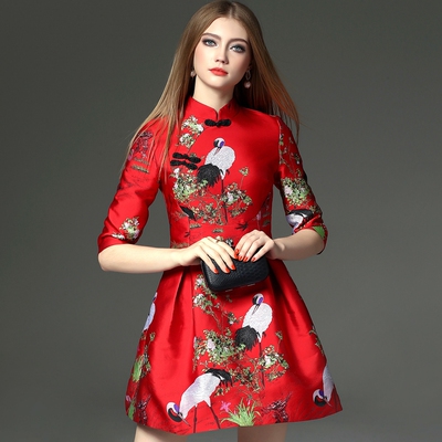 2015秋冬季女装复古提花修身高腰红色日常改良旗袍连衣裙短款礼服