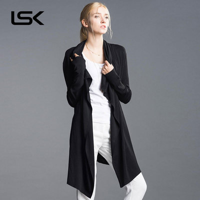 LSK不规则针织衫女开衫2015初秋中长款外套黑色长袖宽松针织衫
