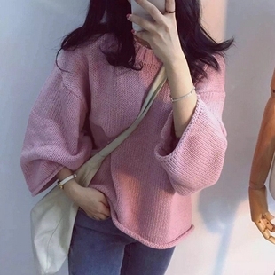 韩版针织衫女秋季新品棒针宽松蝙蝠袖套头多色甜美针织毛衣上衣潮