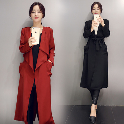 2016秋季新款女装时尚韩版纯色中长款系带显瘦风衣外套