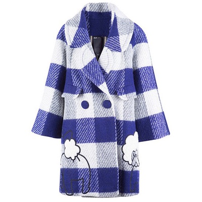 2015冬新款女装印花拼色羊毛呢蓝色格子中长款外套呢大衣353G206