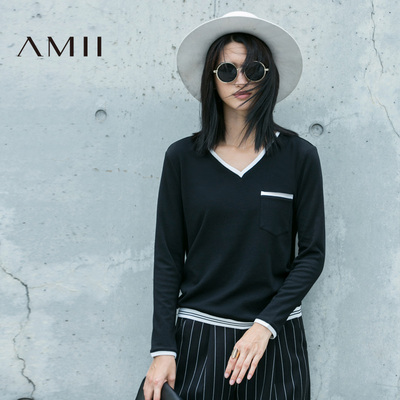 Amii2016秋装新款潮 艾米女装旗舰店V领条纹长袖女士大码T恤