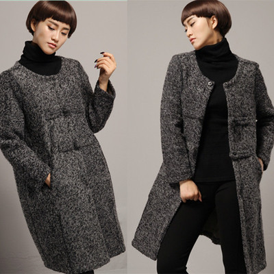 2015冬季新款经典混色文艺气质长袖立体盘扣中长羊毛大衣风衣
