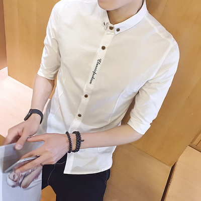 夏季新日韩潮流短袖衬衣 男士韩版修身刺绣棉麻七分袖衬衫