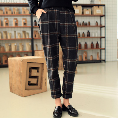 2015年秋装新款韩版休闲时尚显瘦英伦格子毛呢西装裤长款女裤子