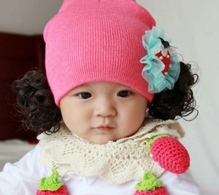 婴儿冬季毛线帽子 女童假发帽子 女宝宝可爱公主帽子 6-12个月