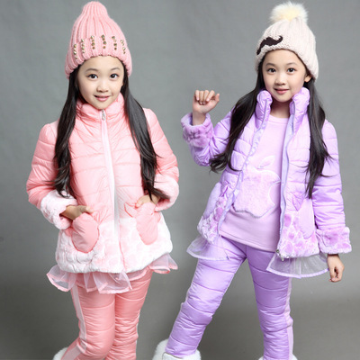 童装2016冬季新款女童棉衣三件套中大童女孩加厚韩版绣花苹果