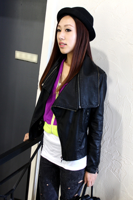 2015春装韩版气质潮时尚个性女士修身短款黑色皮衣立领长袖小外套