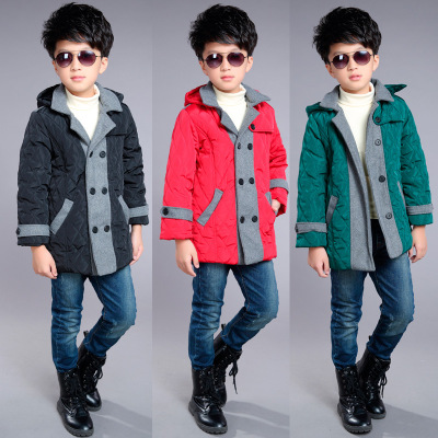 男童装新款韩版加厚外套冬衣中大童儿童拼接呢子棉衣冬装