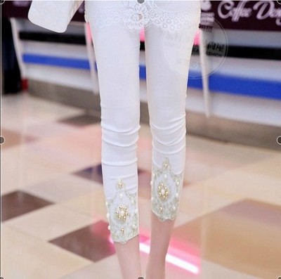 2014夏季新款韩国纯棉女装珍珠拼接蕾丝打底裤 糖果色显瘦七分裤