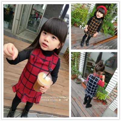 2015冬季新款女童韩版背心无袖裙毛呢格子裙Q020