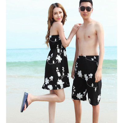 韩版新款波西米亚度假显瘦短裙 情侣沙滩装 裹胸海滩裙棉麻连衣裙
