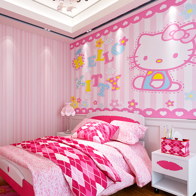 粉色卡通公主房墙纸卧室儿童房间背景墙壁纸大型壁画凯蒂猫女孩