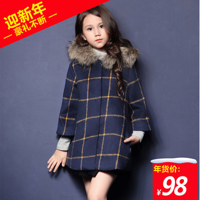 女童毛呢外套潮中大童2015新款韩版童装冬季女童时尚格子呢子外套