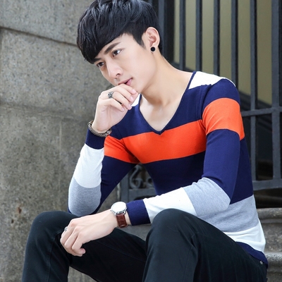 青少年v领条纹毛衣男士修身韩版学生针织衫秋季休闲套头毛衫线衣
