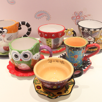 仟度 彩绘杯碟 创意卡通马克杯陶瓷杯牛奶杯带茶碟 喝咖啡小杯子