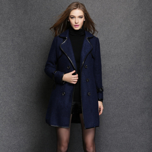2015冬季新款大码毛呢大衣外套欧美时尚显瘦拼皮加厚女式个性外套