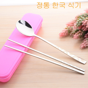 不锈钢实心扁筷子勺子便携餐具盒装学生旅行套装韩式韩国筷子套装