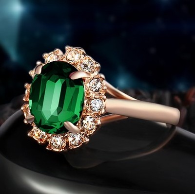 欧美复古女彩色宝石指环 18k镀玫瑰金祖母绿 满钻花镶钻水晶戒指