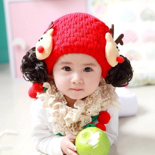 春秋冬女童宝宝毛线套头帽6-12个月婴儿帽子儿童公主假发帽1-2岁