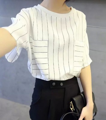 2015夏装新款 韩版双口袋条纹短袖t恤衫女 宽松棉麻上衣