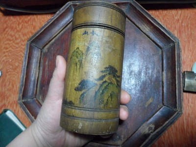 老茶叶罐带山水画的老辈的茶叶罐木制老茶叶盒