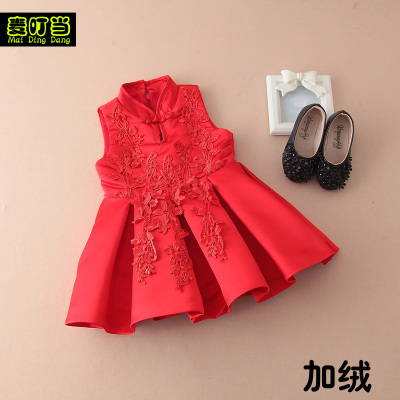 女童装冬装儿童加绒背心连衣裙新年装中国风圣诞公主裙百褶裙618