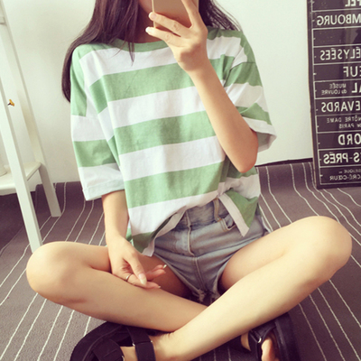 2016夏季新款韩版学院风条纹拼色宽松大码短袖t恤女半截袖上衣潮